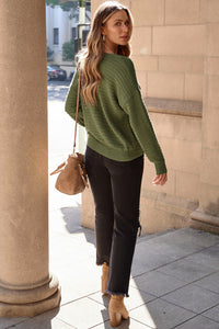 Green Textured Knit Round Neck Dolman Sleeve Sweater