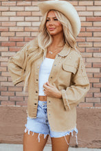 Load image into Gallery viewer, Khaki Pearl Beaded Raw Hem Button Up Denim Jacket
