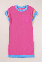Load image into Gallery viewer, Rose Red Textured Colorblock Edge Patched Pocket T Shirt Dress
