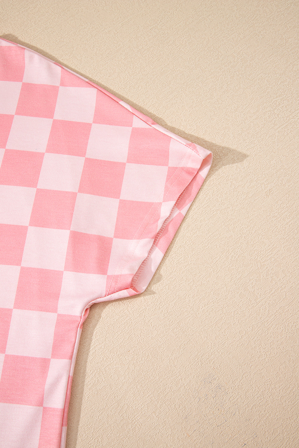 Pink Checkered V Neck Tee Drawstring Shorts Lounge Set