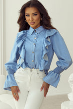 Load image into Gallery viewer, Myosotis Ruffled Shirred Cuffs Button up Chambray Shirt
