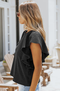 Black Ribbed Knit Ruffled Short Sleeve T Shirt