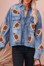 Load image into Gallery viewer, Sky Blue Sequin Patchwork Flap Pockets Raw Hem Denim Jacket
