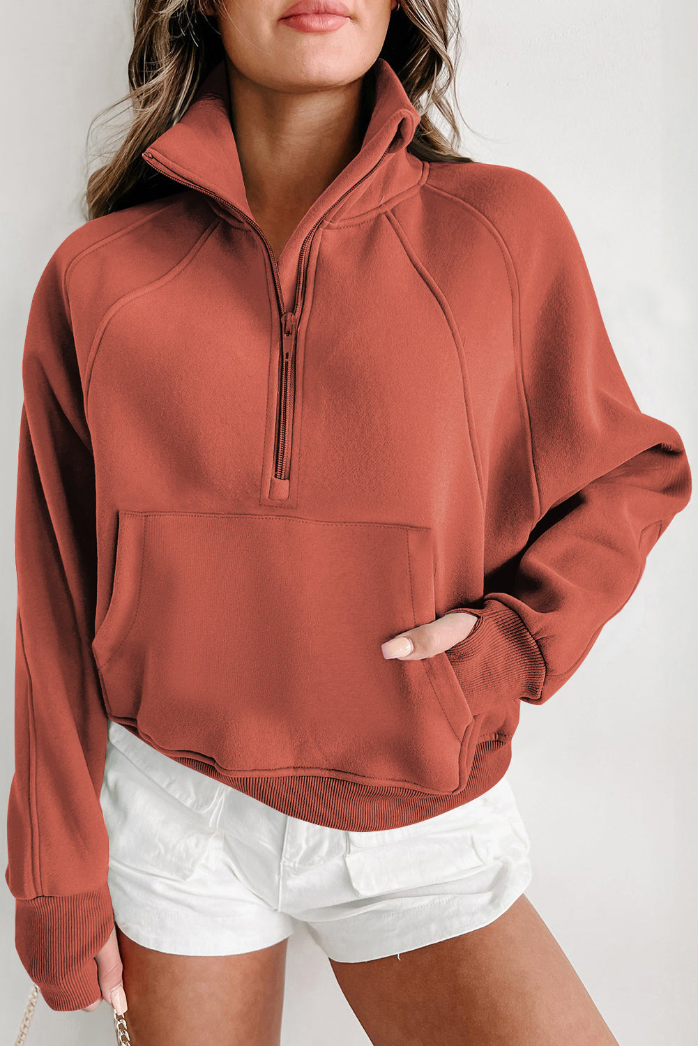 Flamingo Fleece Lined Zip Up Stand Collar Thumbhole Sleeve Sweatshirt