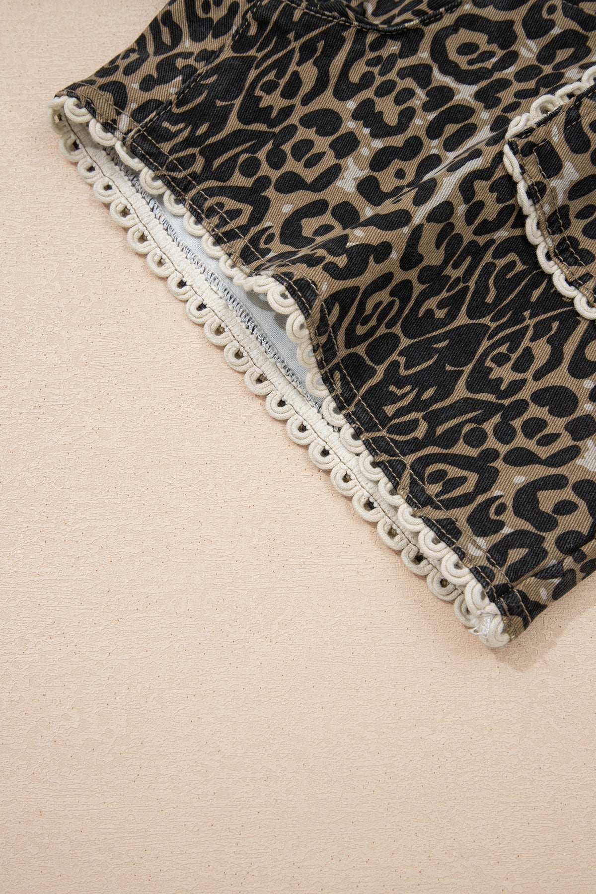 Khaki Contrast Scalloped Lace Trim Leopard Denim Shorts