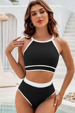 Load image into Gallery viewer, Blue Contrast Trim Crisscross Back High Waisted Bikini
