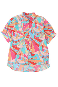 Multicolor Abstract Geometry Print Half Puff Sleeve Loose Shirt
