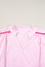 Load image into Gallery viewer, Sky Blue Stripe Ricrac Trim Split Neck Striped Ruffled Sleeve Blouse
