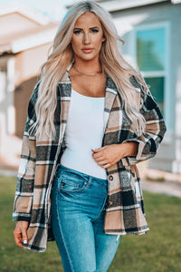 Red Plaid Print Buttoned Shirt Jacket