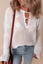 Load image into Gallery viewer, White Open Knit Buttoned Neck Split Sleeve Sweater
