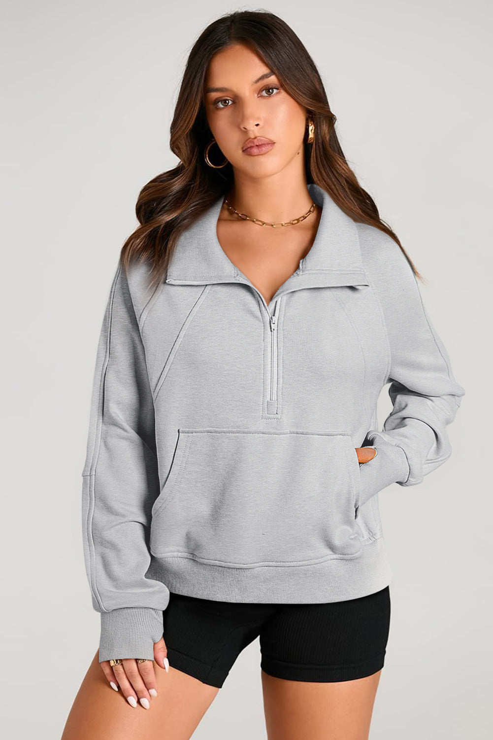 Aruba Blue Quarter Zip Stand Neck Kangaroo Pocket Sweatshirt