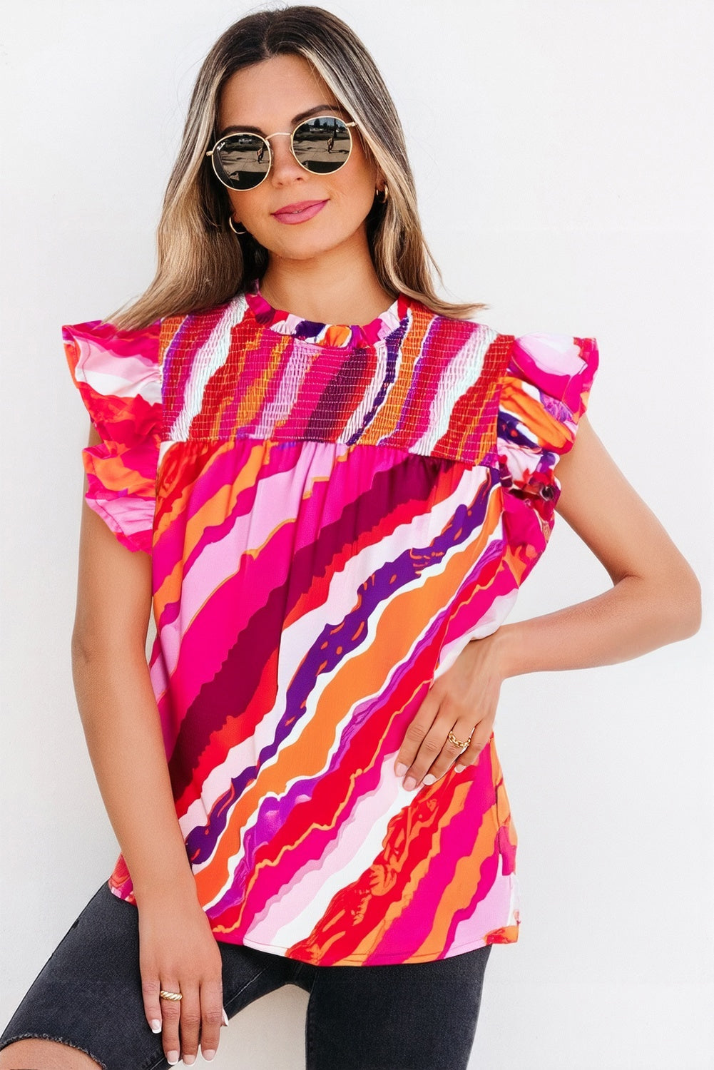 Rose Abstract Print Shirred Yoke Ruffled Blouse