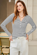 Load image into Gallery viewer, White Stripe Slim Fit Buttoned V Neck Long Sleeve T Shirt
