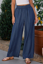 Load image into Gallery viewer, Sail Blue Side Pockets Frilled Smocked High Waist Wide Leg Jeans
