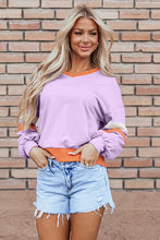 Load image into Gallery viewer, Orchid Bouquet Contrast Rib Knit Patchwork Drop Shoulder V Neck Sweatshirt
