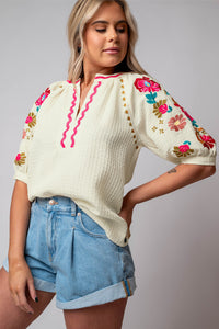 White Floral Embroidered Ricrac Puff Sleeve Textured Blouse