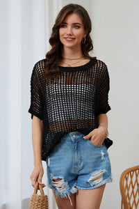 Apricot Fishnet Knit Ribbed Round Neck Short Sleeve Sweater Tee