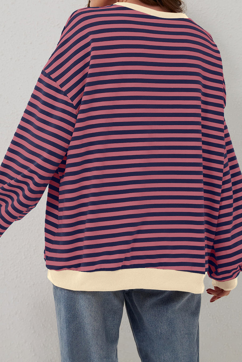 Blue Stripe Oversized Contrast Trim Pullover Sweatshirt