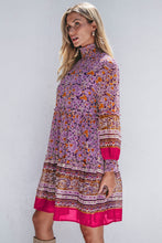 Load image into Gallery viewer, Purple Floral Smocked Puff Sleeve High Neck Mini Dress
