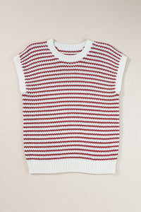 Red Stripe Ribbed Trim Loose Fit Knitted Sweater Vest