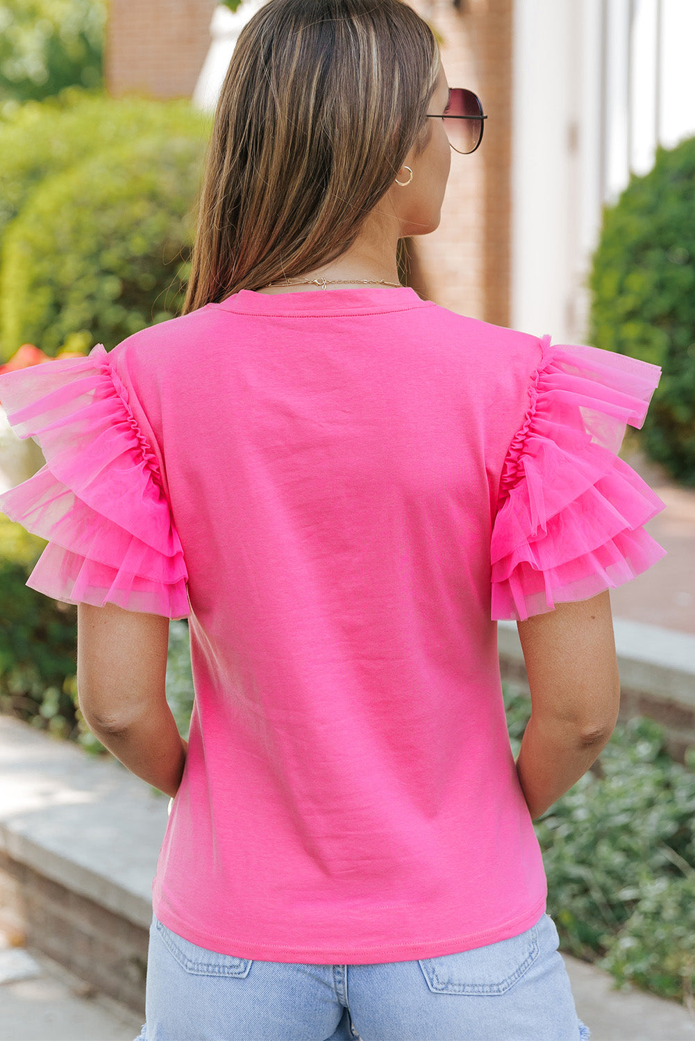 Fiery Red Tulle Ruffle Sleeve Top