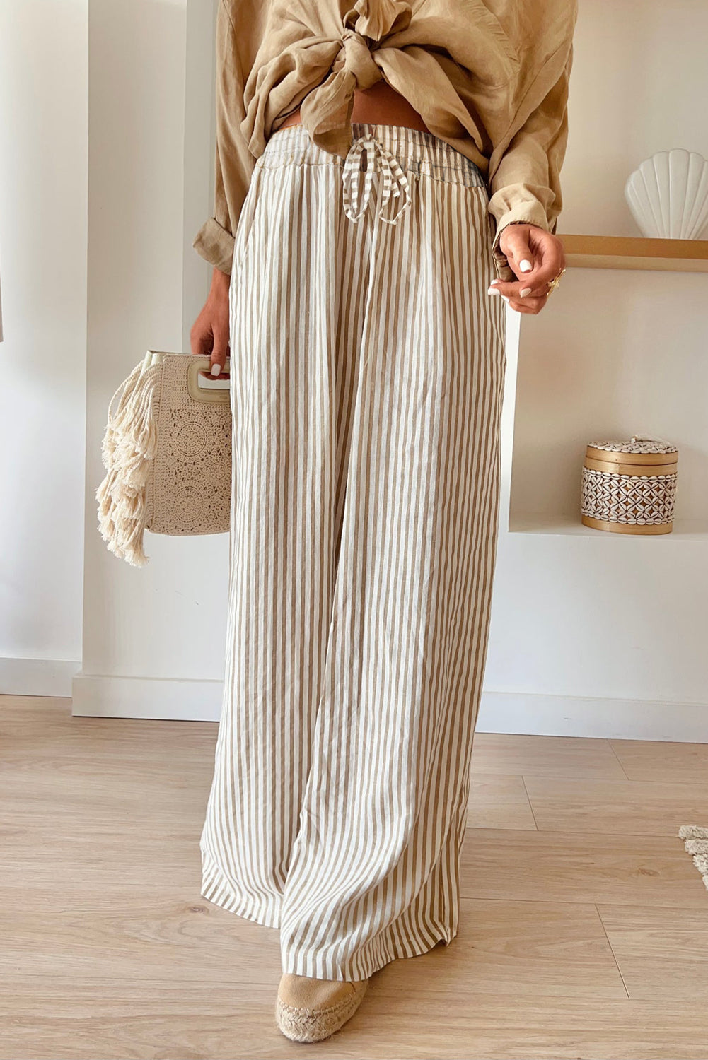 Khaki Stripe Print Wide Leg Drawstring Pants