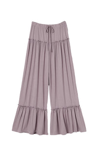 Khaki Frilled Drawstring High Waist Wide Leg Pants