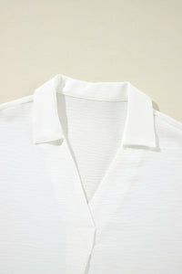 White Boxy Collared Smocked Sleeve Cuffs Blouse