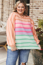 Load image into Gallery viewer, Pink Stripe Color Block Balloon Sleeve Crewneck Plus Size Sweater
