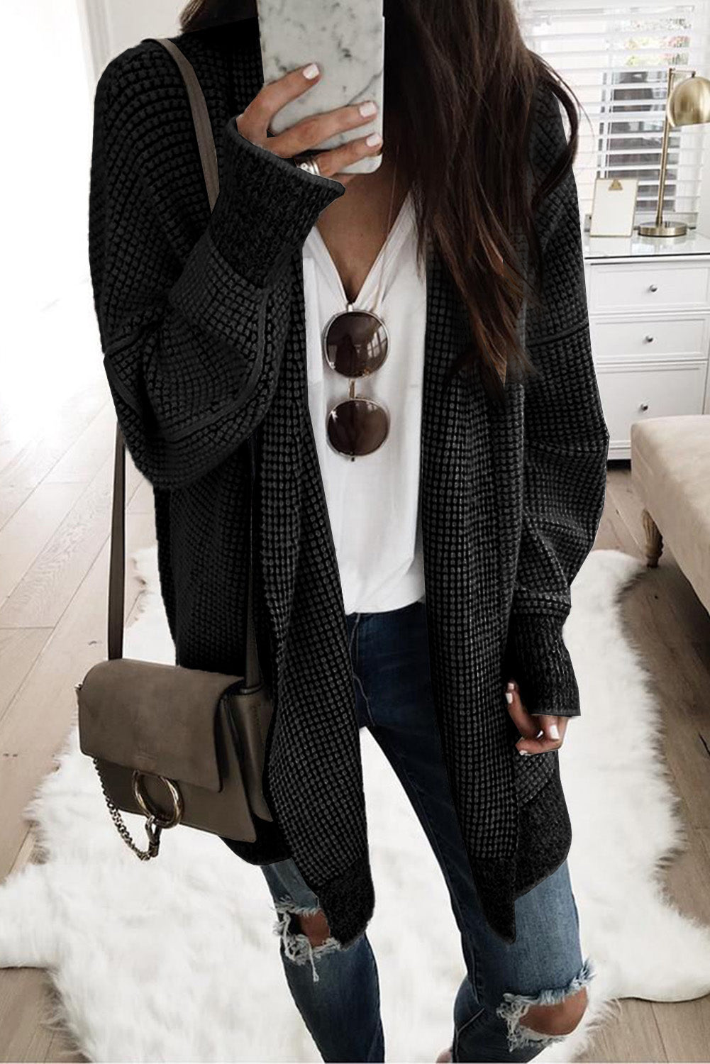 Yellow Plaid Knitted Long Open Front Cardigan