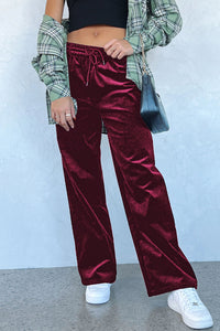 Burgundy Solid Drawstring Waist Wide Leg Pants