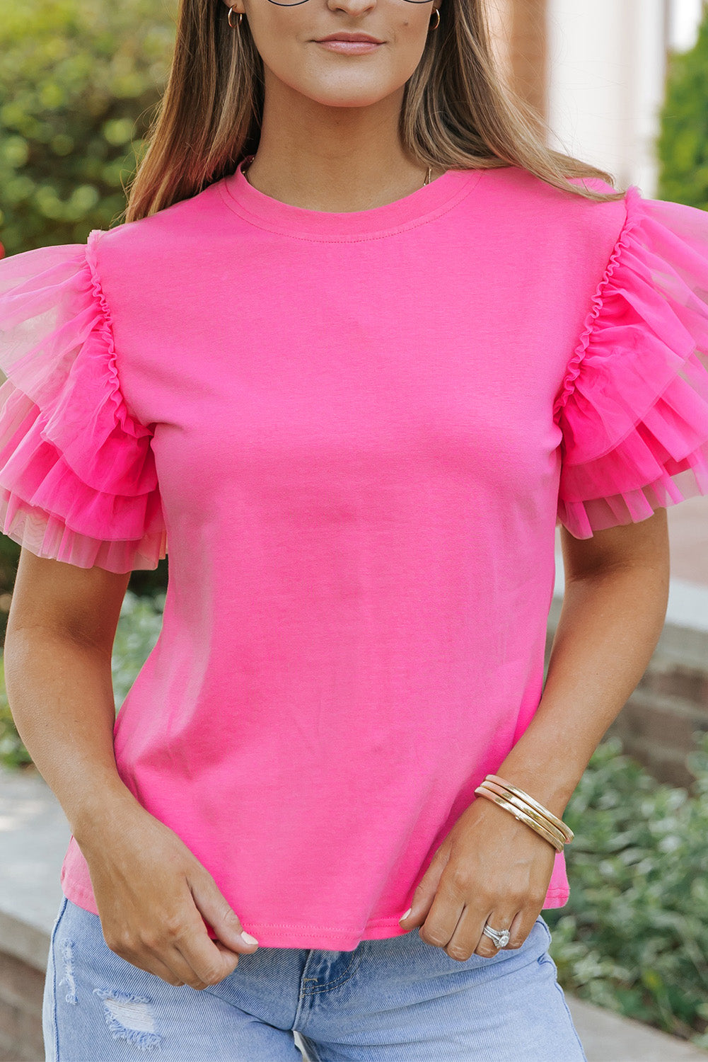 Fiery Red Tulle Ruffle Sleeve Top