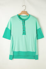 Load image into Gallery viewer, Bright Green Contrast Color Patchwork Half Button T Shirt
