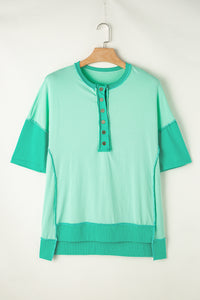 Bright Green Contrast Color Patchwork Half Button T Shirt