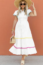 Load image into Gallery viewer, White Colorblock Rickrack Trim Short Sleeve Drawstring Waist Long Dress
