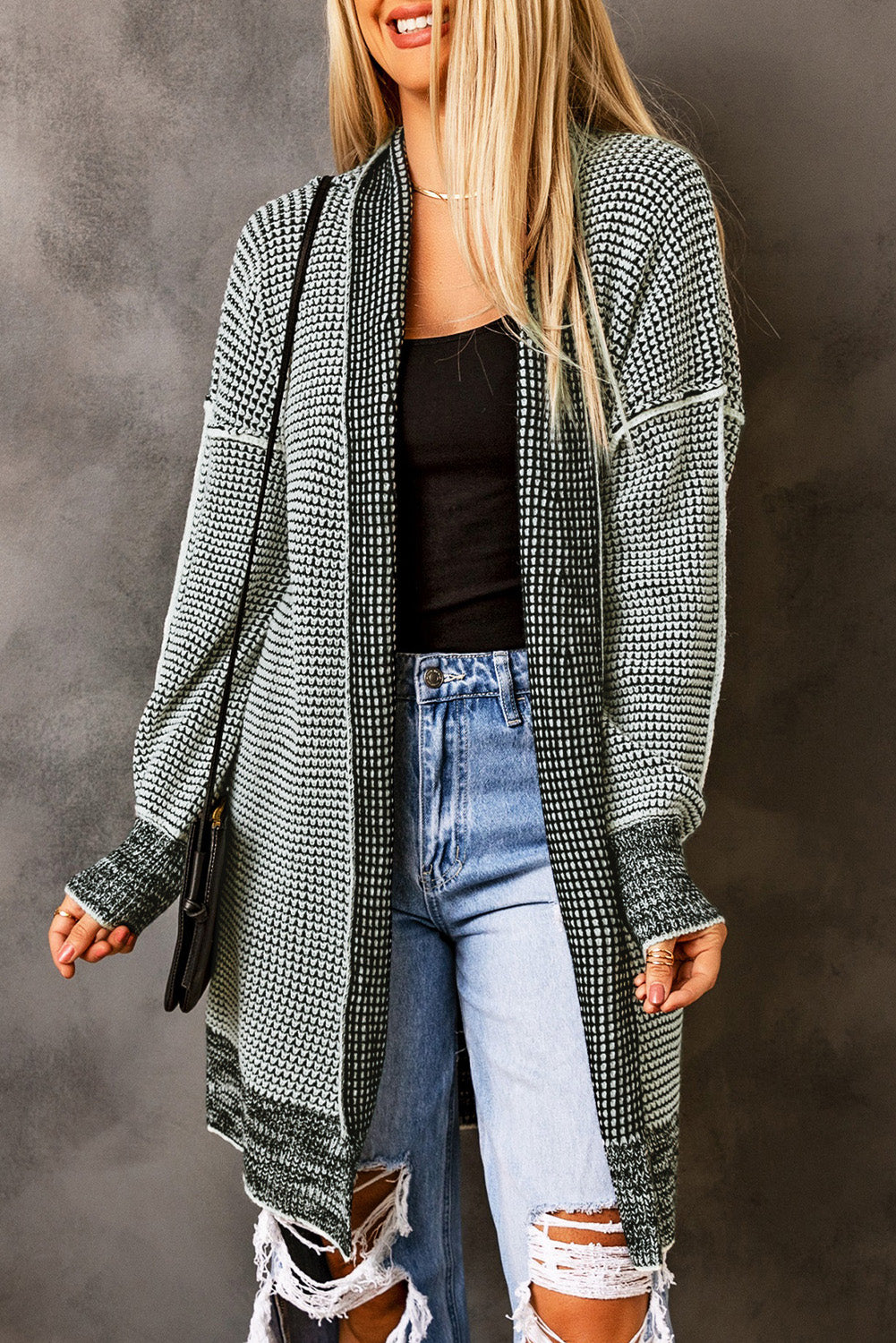 Yellow Plaid Knitted Long Open Front Cardigan