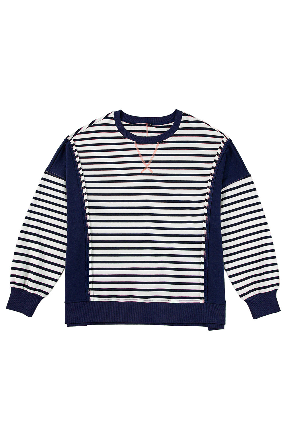 White Stripe Color Block Exposed Seam Loose Fit Sweatshirt