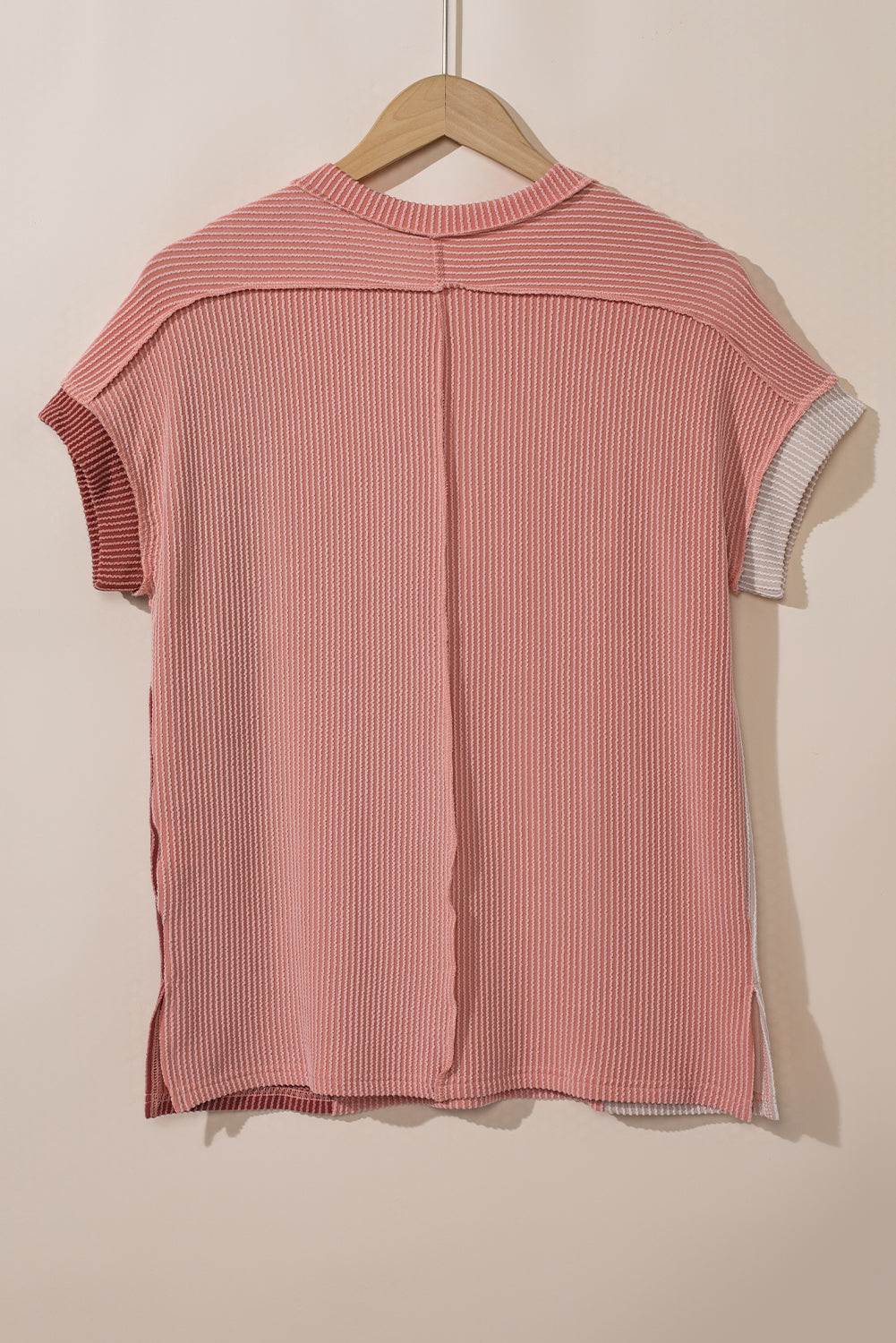 Pink Textured Colorblock Crew Neck T Shirt