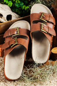 Chestnut Dual Buckle Studded Platform Sandal Slippers