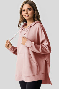 Light Pink Waffle Knit Fleece Lined High Low Oversized Hoodie