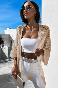 Khaki Hollow-out Bracelet Sleeve Knit Cardigan