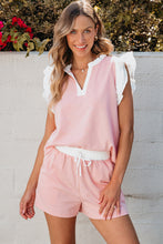 Load image into Gallery viewer, Light Pink Contrast Trim Ruffled Top and Drawstring Shorts Set
