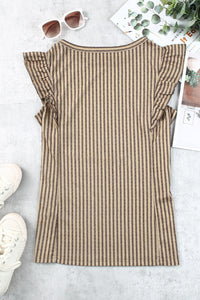 Khaki Striped Crew Neck Ruffled Tank Top