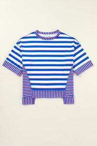 Blue Stripe Patchwork Exposed Seam Drop Shoulder Oversized Top