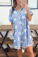 Load image into Gallery viewer, Sky Blue Stars Frayed Hem Collared Short Sleeve Denim Dress
