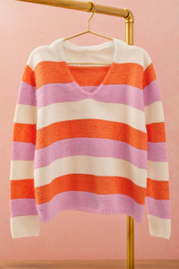 Orange Stripe Colorblock V Neck Casual Sweater