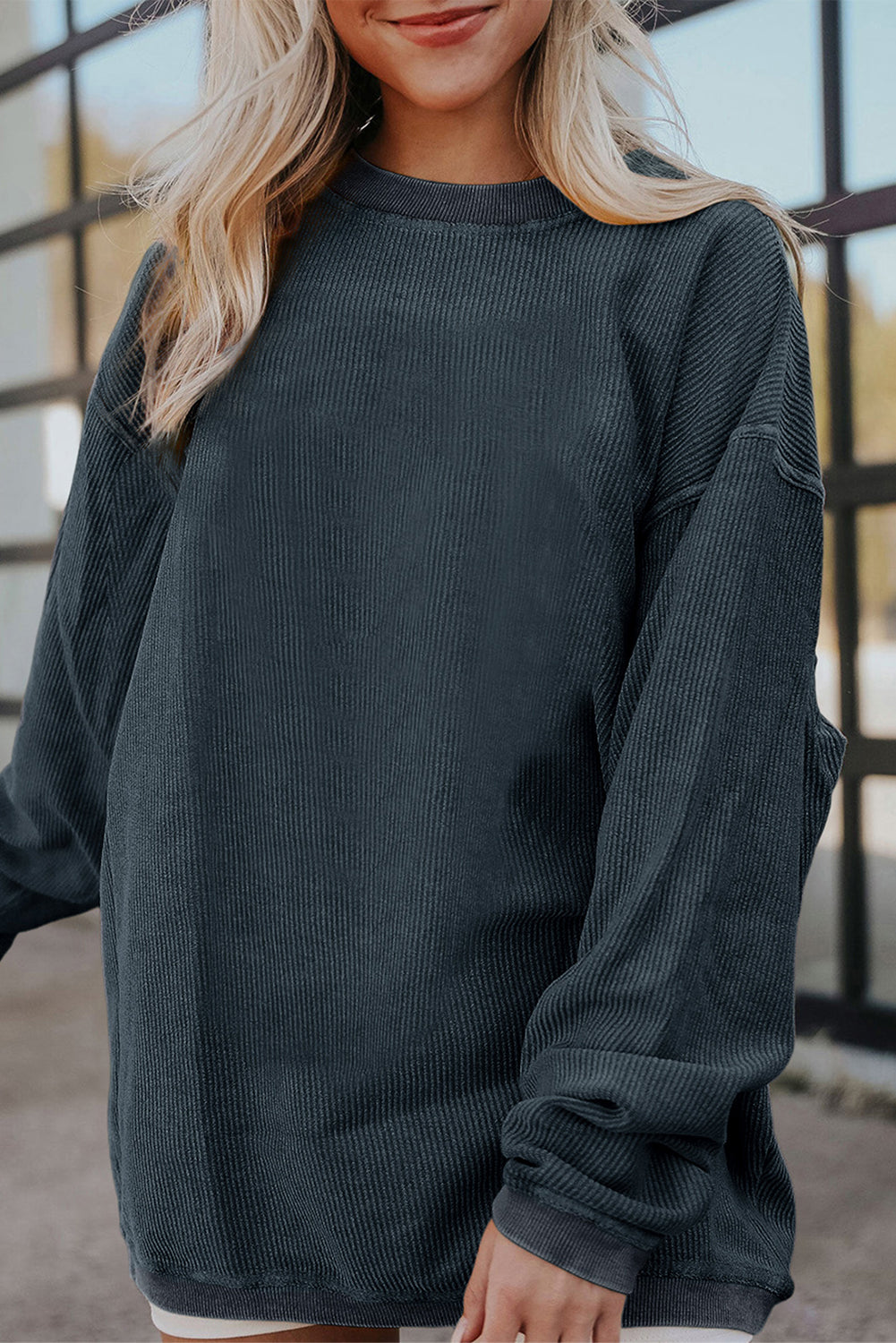 Smoke Gray Ribbed Corduroy Oversized Sweatshirt