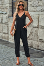 Load image into Gallery viewer, Green Textured Sleeveless V-Neck Pocketed Casual Jumpsuit
