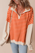 Load image into Gallery viewer, Orange Stripe Color Block Loose Fit Collared Drop Shoulder Sweatshirt
