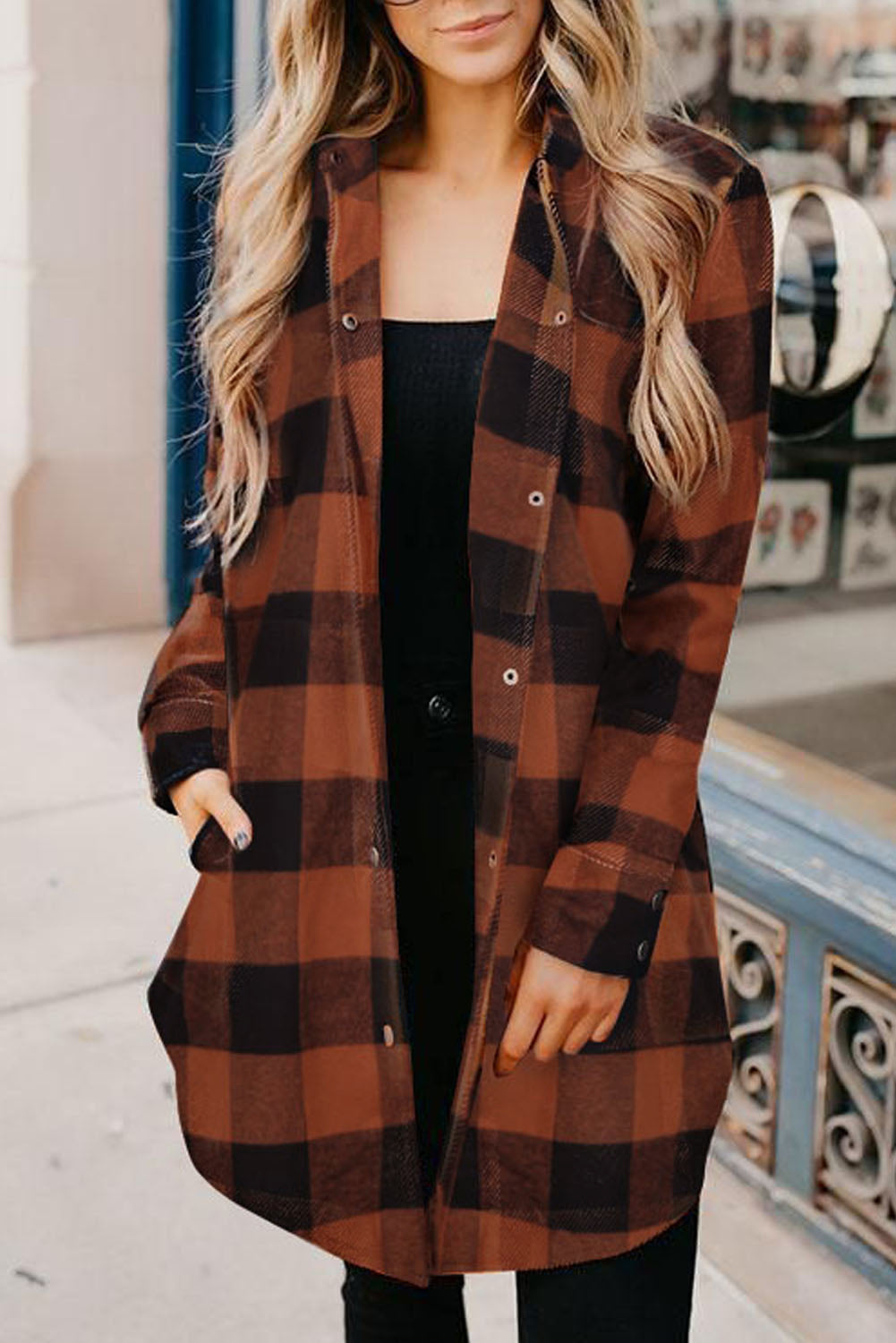 Green Turn-down Collar Plaid Shirt Coat